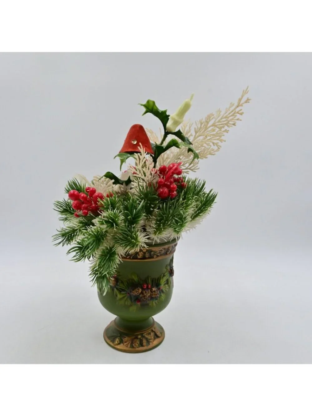 Napcoware Christmas Ceramic Planter Holly Berries Mushroom Bouquet MCM